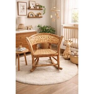 Vintage Split Basket Weave Rattan Childs MCM Back Rocking Chair Hand Carved